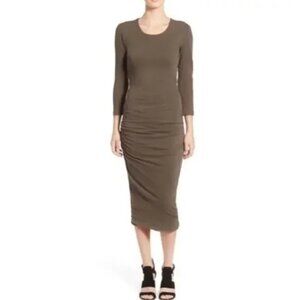 Standard James Perse Long Sleeve Cut Out Back Midi Dress Olive Tan 2 Medium